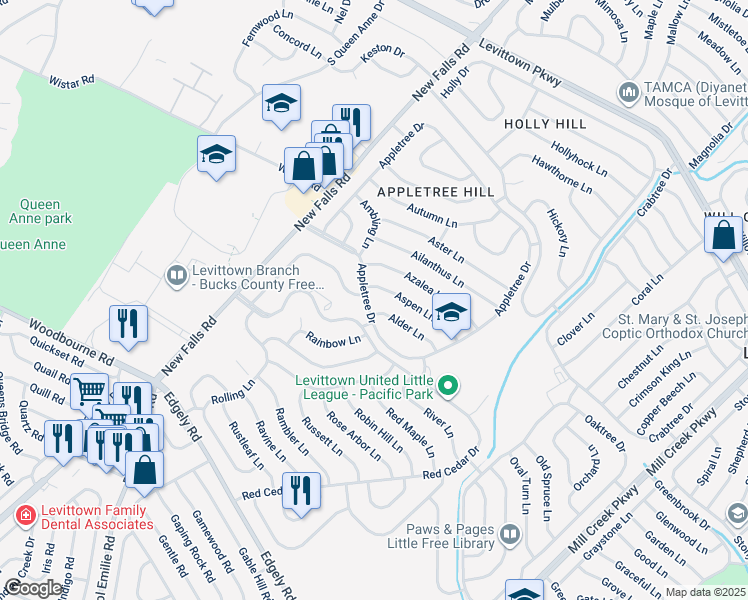map of restaurants, bars, coffee shops, grocery stores, and more near 57 Appletree Drive in Levittown
