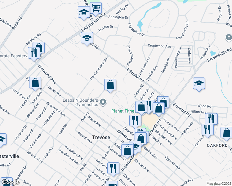 map of restaurants, bars, coffee shops, grocery stores, and more near 286 Andrews Road in Feasterville-Trevose