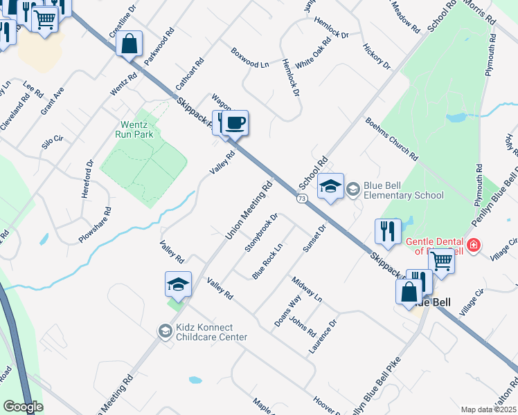 map of restaurants, bars, coffee shops, grocery stores, and more near 950 Union Meeting Road in Blue Bell