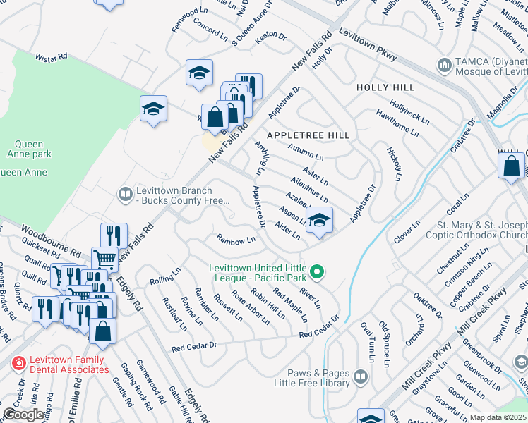 map of restaurants, bars, coffee shops, grocery stores, and more near 57 Appletree Drive in Levittown