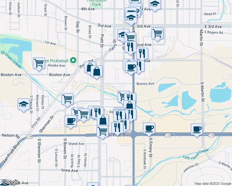 map of restaurants, bars, coffee shops, grocery stores, and more near 16 Royal Street in Longmont