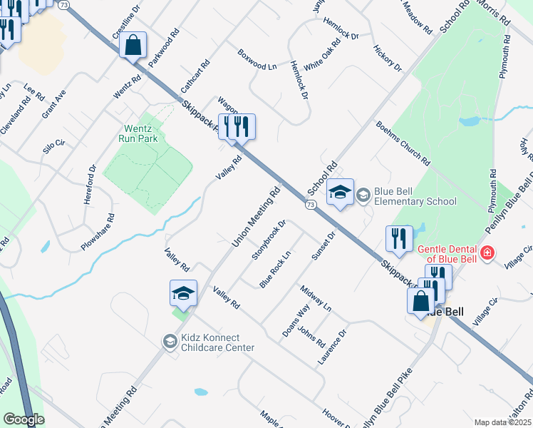 map of restaurants, bars, coffee shops, grocery stores, and more near 950 Union Meeting Road in Blue Bell