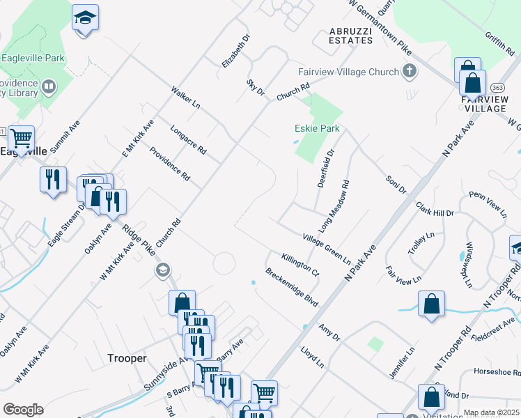 map of restaurants, bars, coffee shops, grocery stores, and more near 3005 Walker Lane in Eagleville