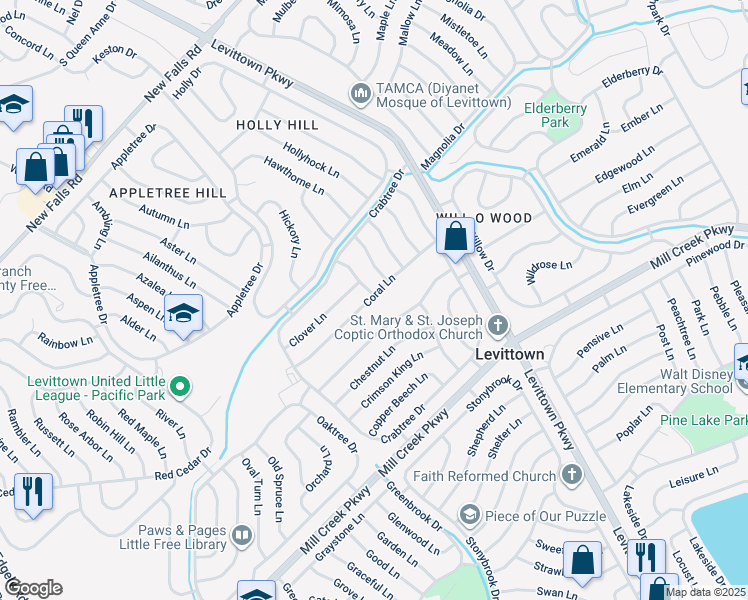 map of restaurants, bars, coffee shops, grocery stores, and more near 2 Crosswood Lane in Levittown