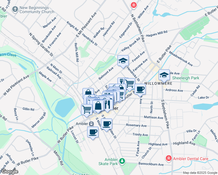 map of restaurants, bars, coffee shops, grocery stores, and more near 53 School Street in Ambler