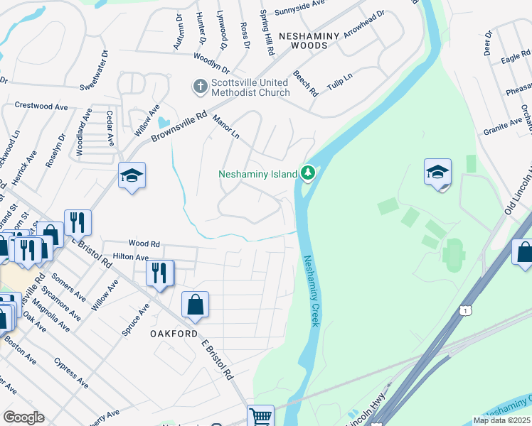 map of restaurants, bars, coffee shops, grocery stores, and more near Ridge Avenue in Trevose