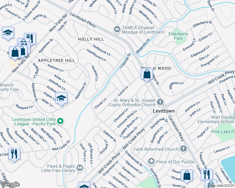 map of restaurants, bars, coffee shops, grocery stores, and more near 57 Coral Lane in Levittown