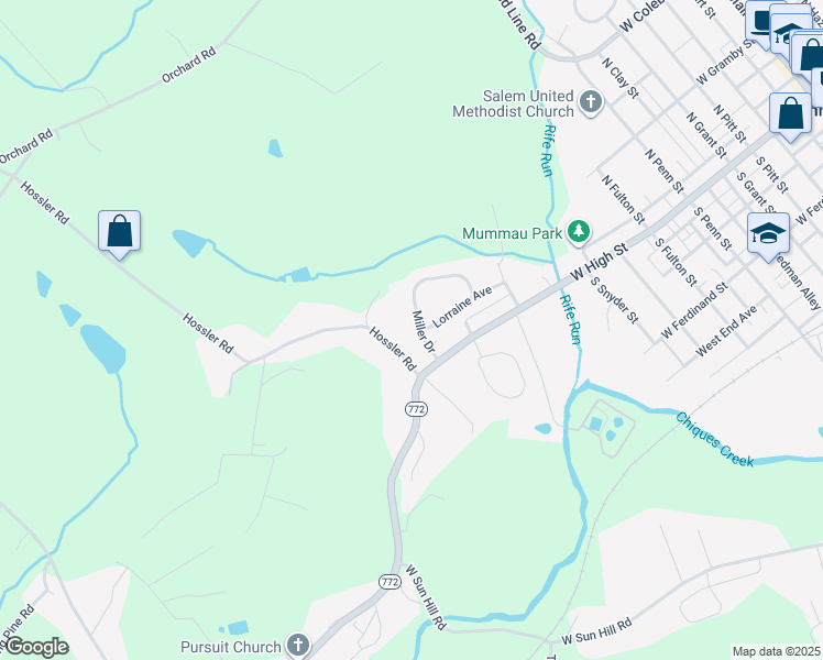 map of restaurants, bars, coffee shops, grocery stores, and more near 9 Hossler Road in Manheim