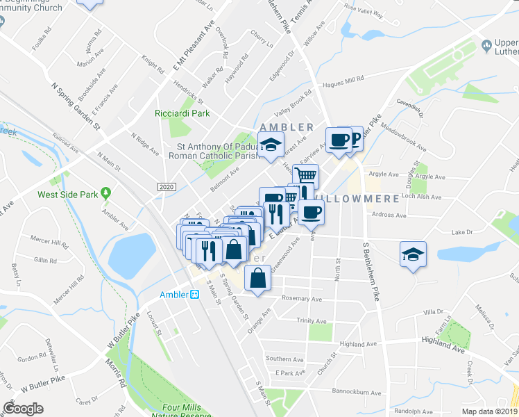 map of restaurants, bars, coffee shops, grocery stores, and more near 148 Walnut Lane in Ambler