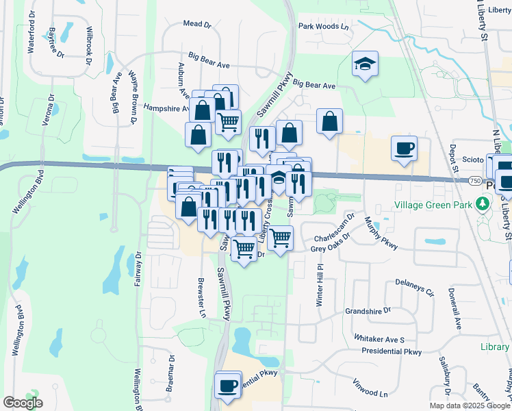 map of restaurants, bars, coffee shops, grocery stores, and more near 9733 Sawmill Pkwy in Powell