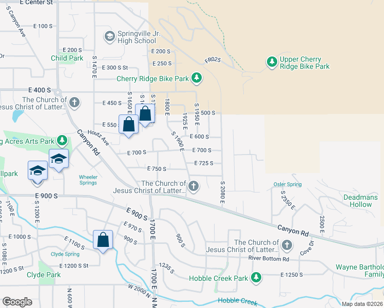 map of restaurants, bars, coffee shops, grocery stores, and more near 1951 East 725 South in Springville