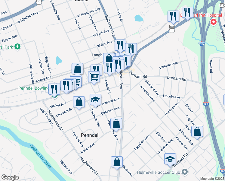 map of restaurants, bars, coffee shops, grocery stores, and more near 239 Centre Street in Penndel