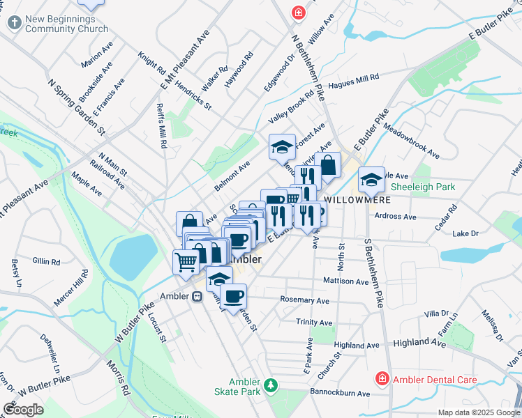 map of restaurants, bars, coffee shops, grocery stores, and more near 148 Walnut Lane in Ambler
