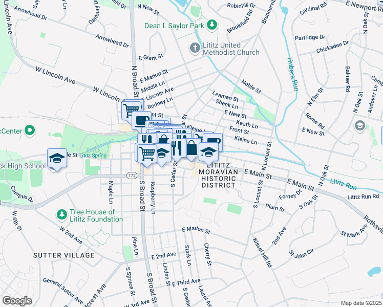 map of restaurants, bars, coffee shops, grocery stores, and more near 120 East Main Street in Lititz