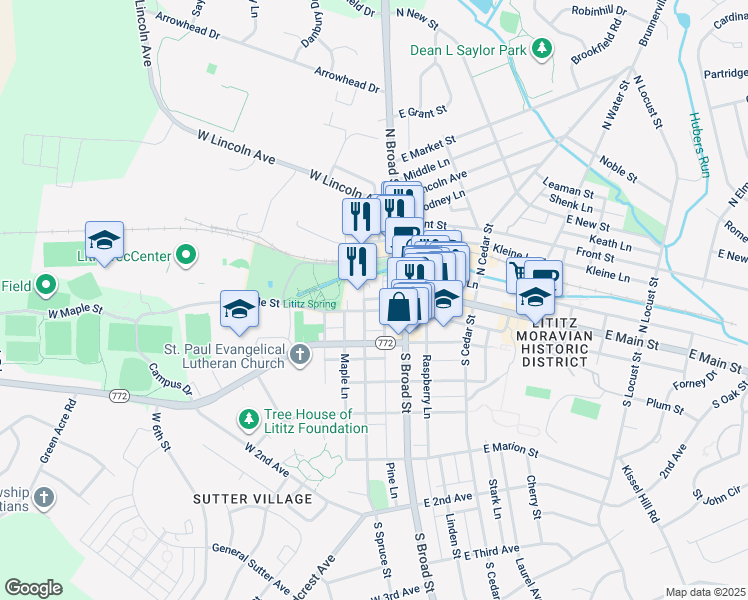 map of restaurants, bars, coffee shops, grocery stores, and more near 3 South Spruce Street in Lititz