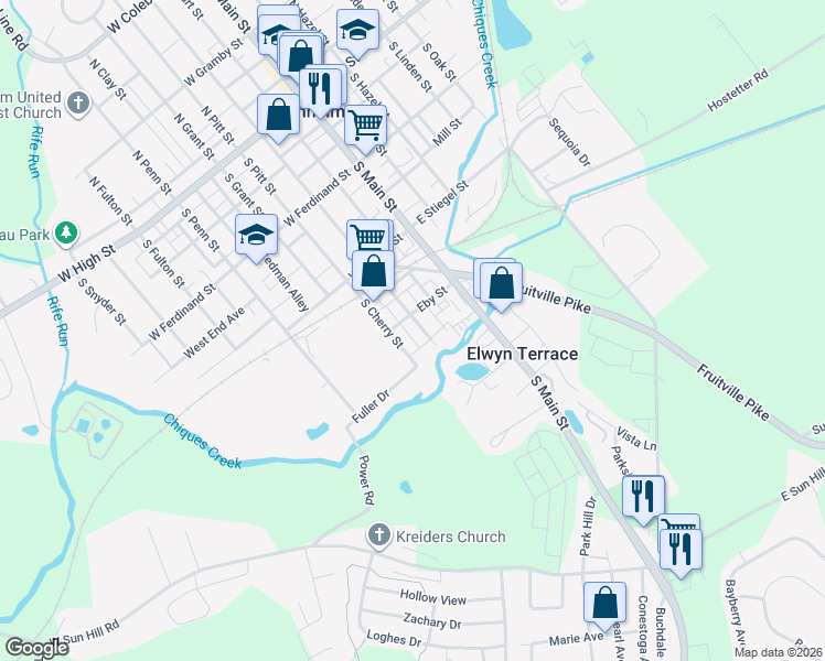map of restaurants, bars, coffee shops, grocery stores, and more near 334 South Charlotte Street in Manheim