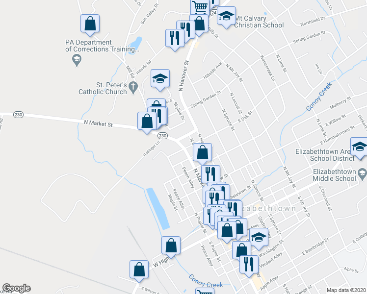 map of restaurants, bars, coffee shops, grocery stores, and more near 405 North Market Street in Elizabethtown