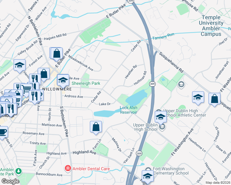 map of restaurants, bars, coffee shops, grocery stores, and more near 713 Loch Alsh Avenue in Ambler