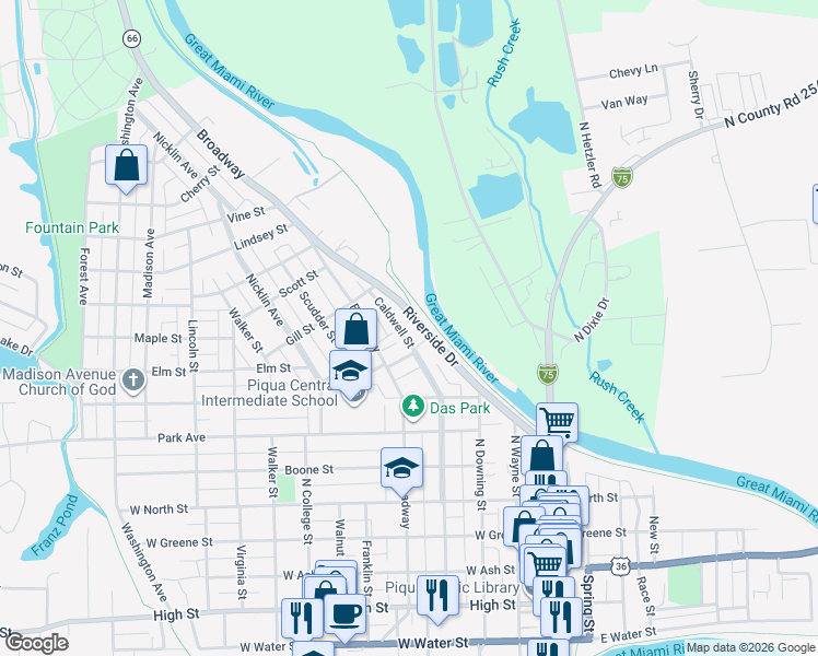 map of restaurants, bars, coffee shops, grocery stores, and more near 1011 Broadway in Piqua