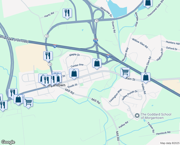 map of restaurants, bars, coffee shops, grocery stores, and more near 3500 Main Street in Morgantown