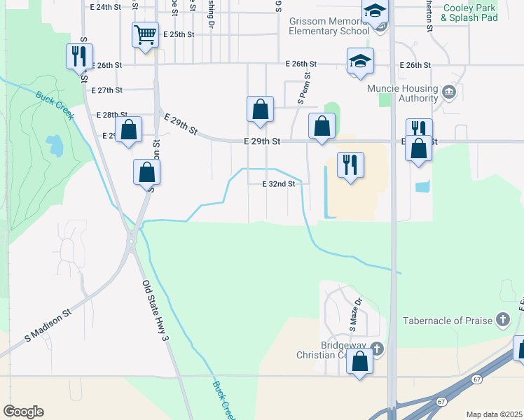 map of restaurants, bars, coffee shops, grocery stores, and more near 4012 S Ebright St in Muncie