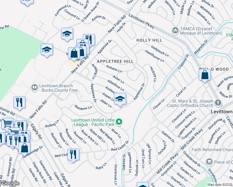 map of restaurants, bars, coffee shops, grocery stores, and more near 29 Azalea Lane in Levittown