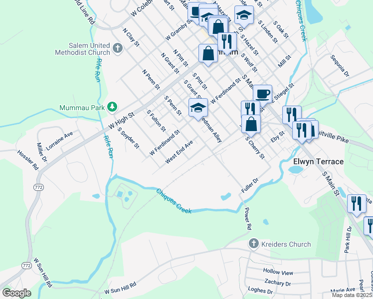 map of restaurants, bars, coffee shops, grocery stores, and more near 345 West End Avenue in Manheim