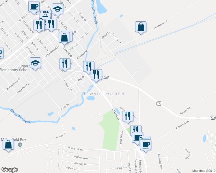 map of restaurants, bars, coffee shops, grocery stores, and more near 411 Elwyn Terrace in Manheim