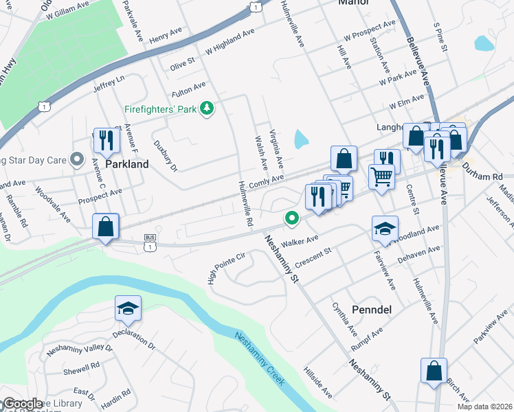 map of restaurants, bars, coffee shops, grocery stores, and more near 690 Parker Street in Langhorne