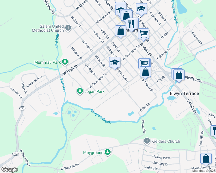 map of restaurants, bars, coffee shops, grocery stores, and more near 324 West Stiegel Street in Manheim