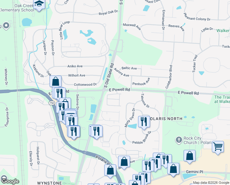 map of restaurants, bars, coffee shops, grocery stores, and more near 948 Chara Lane in Columbus