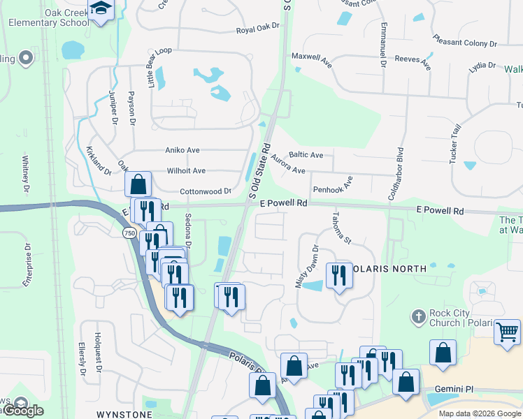 map of restaurants, bars, coffee shops, grocery stores, and more near 948 Chara Lane in Columbus
