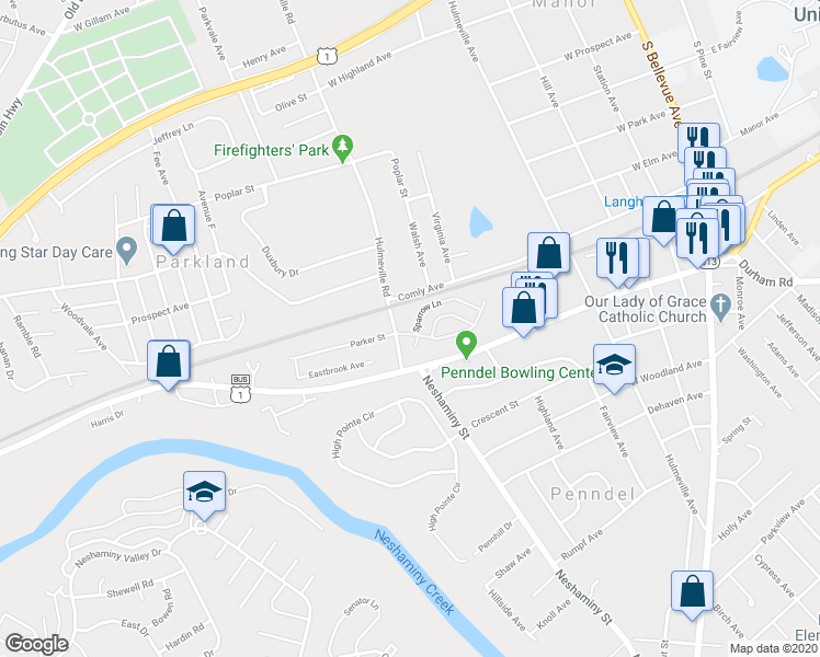 map of restaurants, bars, coffee shops, grocery stores, and more near 733 Sparrow Lane in Langhorne