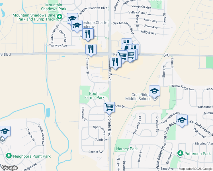 map of restaurants, bars, coffee shops, grocery stores, and more near 10690 Coal Mine Street in Longmont