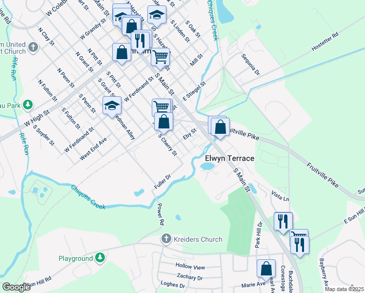 map of restaurants, bars, coffee shops, grocery stores, and more near 318 South Charlotte Street in Manheim