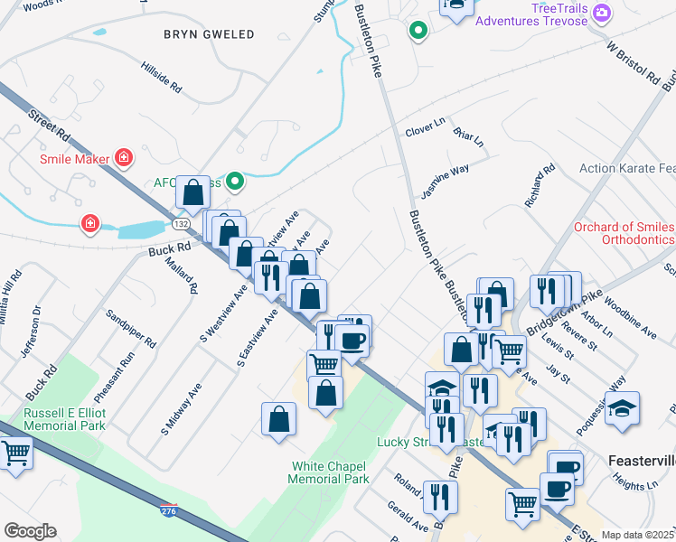 map of restaurants, bars, coffee shops, grocery stores, and more near 399 Frederick Street in Feasterville-Trevose