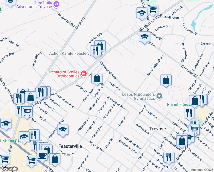 map of restaurants, bars, coffee shops, grocery stores, and more near 126 East Myrtle Avenue in Feasterville