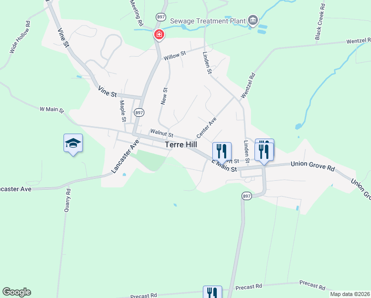 map of restaurants, bars, coffee shops, grocery stores, and more near 105 East Main Street in Terre Hill