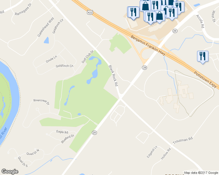 map of restaurants, bars, coffee shops, grocery stores, and more near 1225 Black Rock Road in Phoenixville