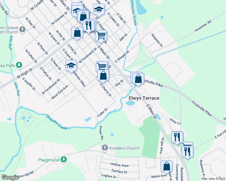 map of restaurants, bars, coffee shops, grocery stores, and more near 314 South Charlotte Street in Manheim