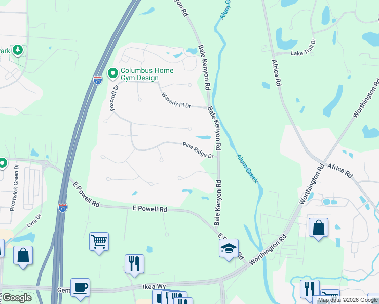 map of restaurants, bars, coffee shops, grocery stores, and more near 3817 Nicoya Court in Lewis Center