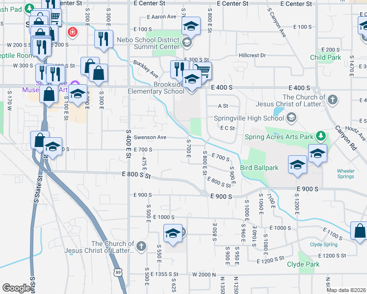 map of restaurants, bars, coffee shops, grocery stores, and more near 673 East 700 South in Springville