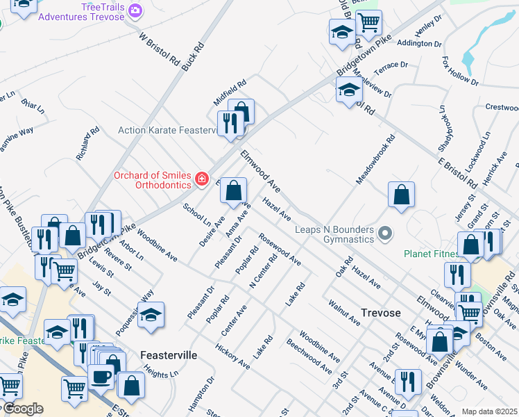 map of restaurants, bars, coffee shops, grocery stores, and more near 126 East Myrtle Avenue in Feasterville
