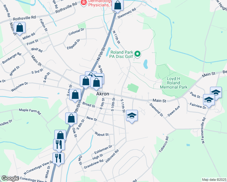 map of restaurants, bars, coffee shops, grocery stores, and more near 939 Main Street in Akron