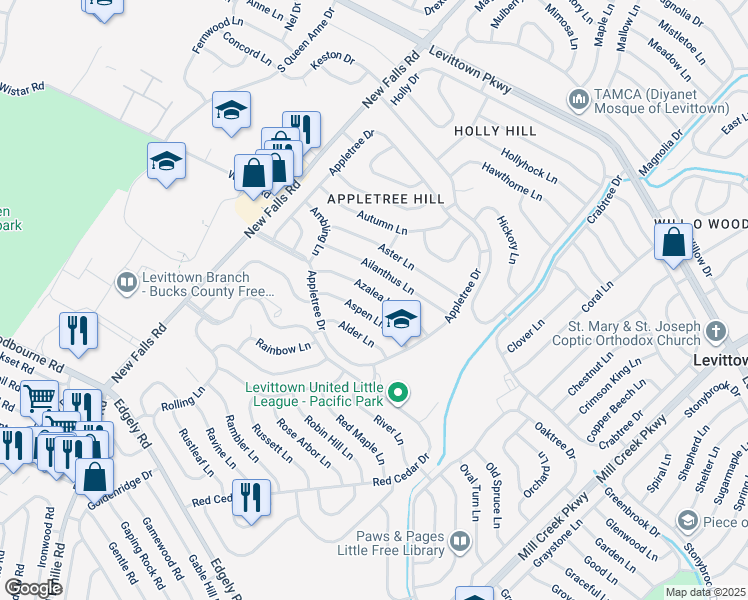 map of restaurants, bars, coffee shops, grocery stores, and more near 39 Azalea Lane in Levittown