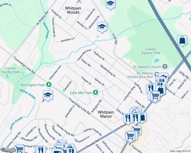 map of restaurants, bars, coffee shops, grocery stores, and more near 1618 Sylvan Drive in Blue Bell