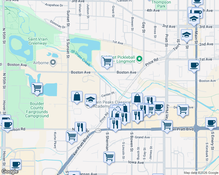 map of restaurants, bars, coffee shops, grocery stores, and more near 314 Barnard Court in Longmont