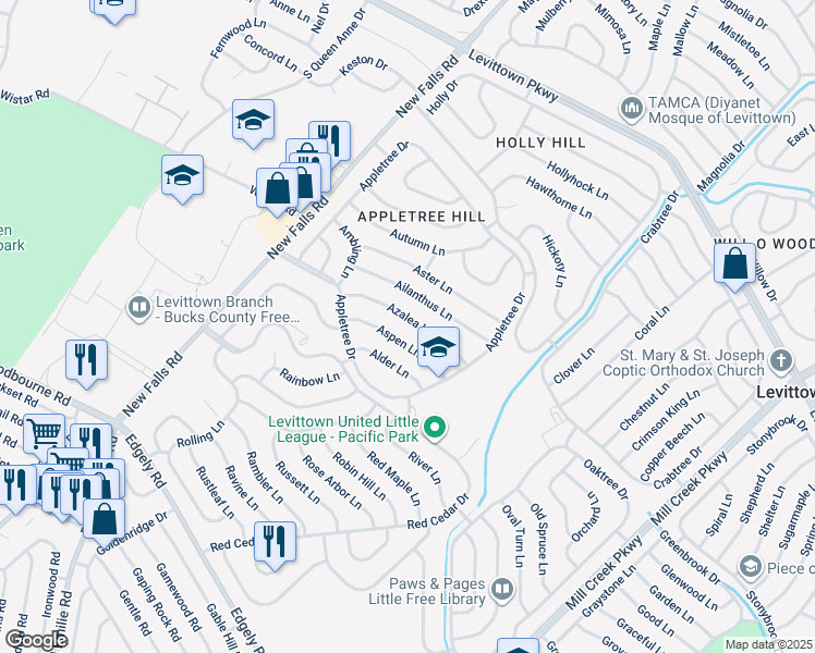 map of restaurants, bars, coffee shops, grocery stores, and more near 39 Azalea Lane in Levittown