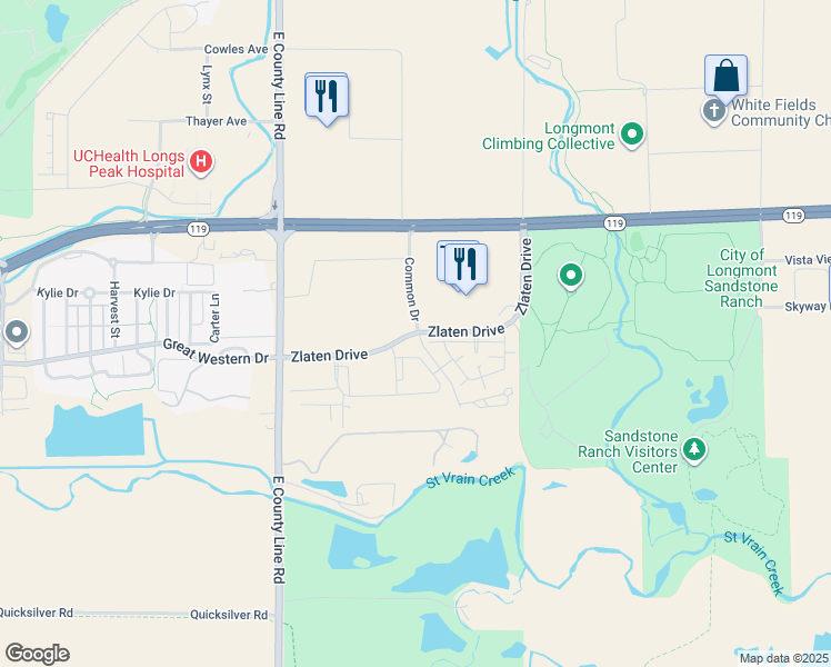 map of restaurants, bars, coffee shops, grocery stores, and more near Zlaten Drive in Longmont