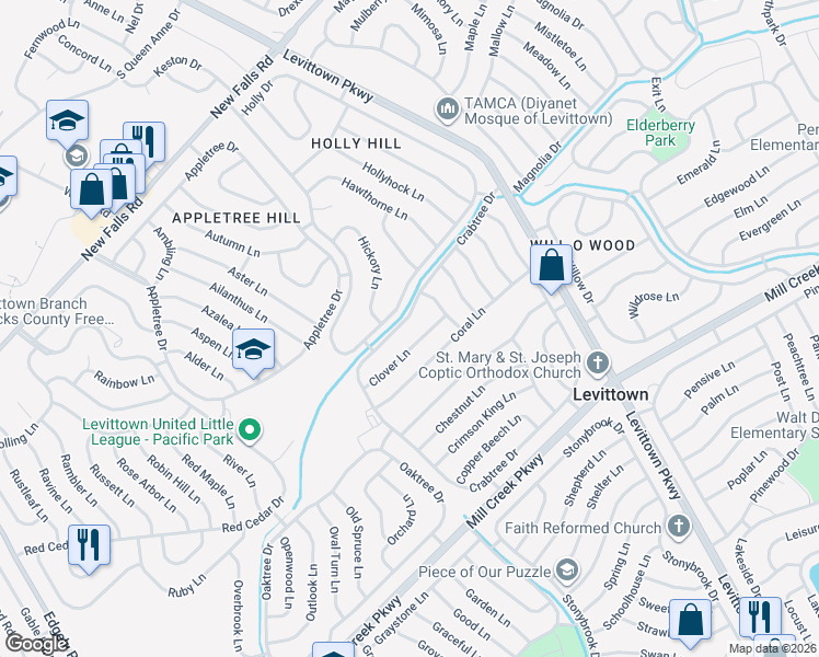 map of restaurants, bars, coffee shops, grocery stores, and more near 38 Clover Lane in Levittown